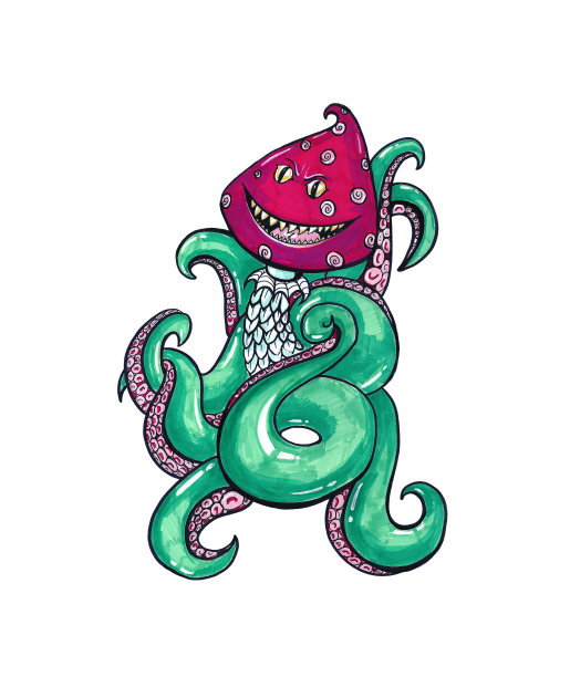 白色背景上有章鱼触角的蘑菇怪物，怪物图片下载