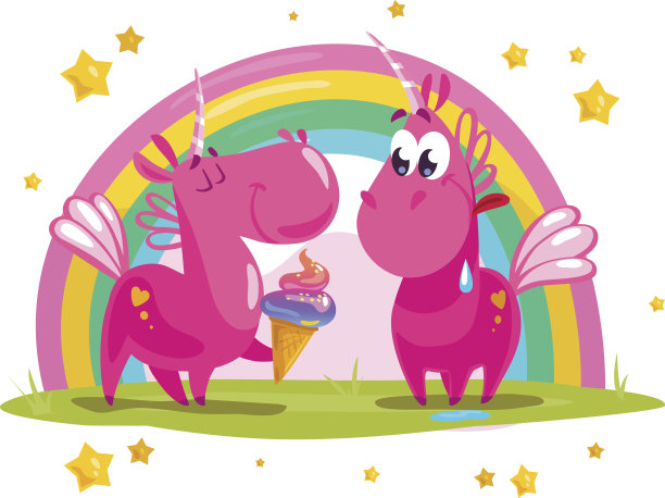 矢量肖像扁平滑稽独角兽夫妇与冰淇淋素材图片