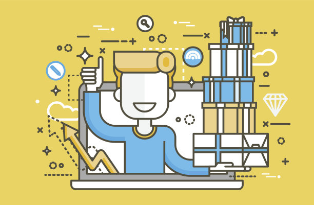 矢量插画人大拇指大拇指的笔记本电脑笔记本电脑与许多购物包装盒礼品设计元素营销购买，销售，折扣，网上商店线艺术图片下载