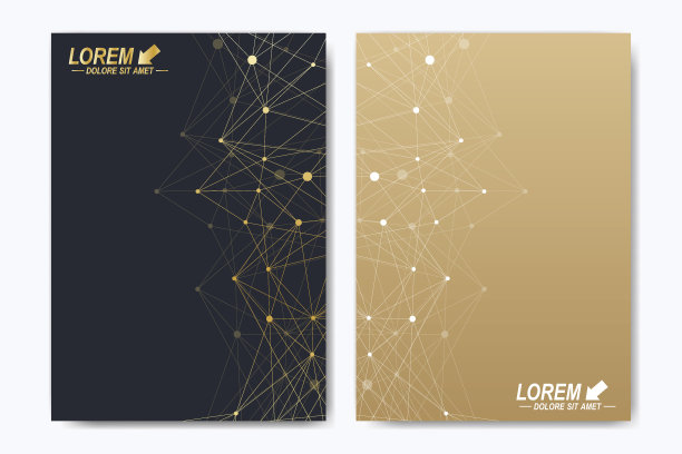 矢量模板的小册子，传单，传单，广告，封面，目录，杂志或年度报告。几何背景分子和通讯。金色的控制论的点。行神经丛。卡片表面图片下载
