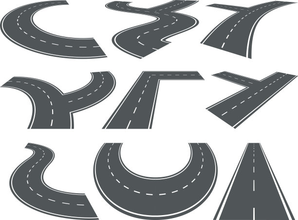 不同的孤立弯曲的沥青路面。街道上的观点。向量组图片下载