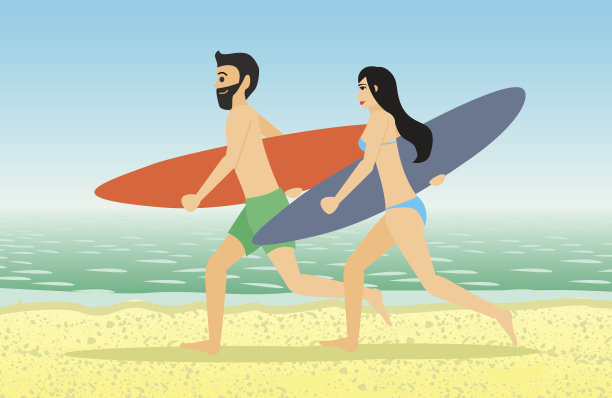 男性和女性冲浪者跑步图片下载