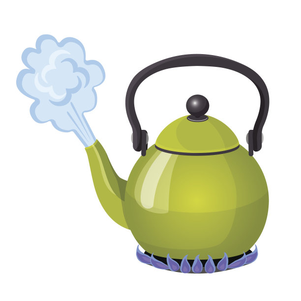 沸水在铝壶上的气体火焰逼真的矢量插图图片下载