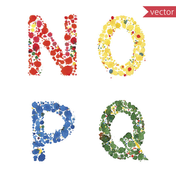装饰字母N, O, P, Q由彩色的水滴制成图片下载