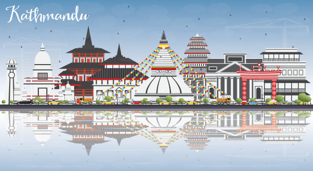 加德满都的天际线，灰色的建筑，蓝天和映像。图片下载