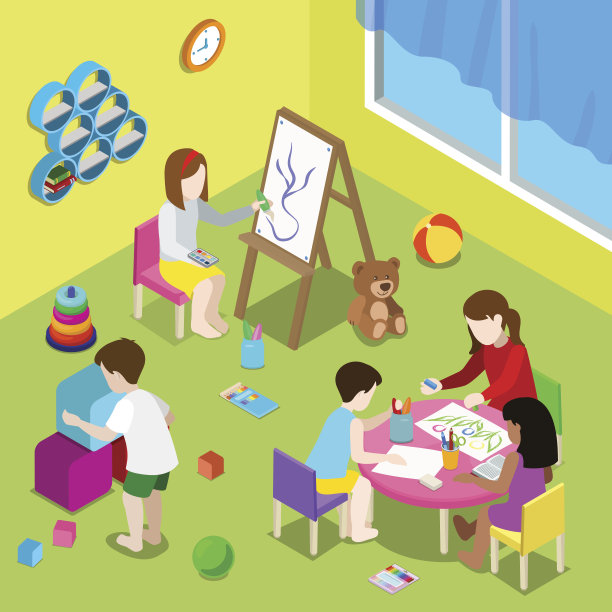 平面等距，教师和儿童在游戏学校或日托中心绘制和玩矢量插图。三维等高线早期发展学校概念。素材图片