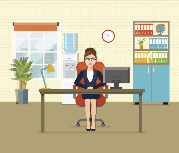 在办公桌前工作的女商人。矢量平面插图素材图片