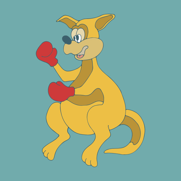 矢量手绘插图可爱的卡通颜色袋鼠在拳击手套在蓝色的背景。婴儿涂色书页。儿童绘画的有趣动物。睡衣，睡衣，尿布或餐巾印图片下载