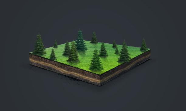 3D土壤切片插画，绿色草地与云杉，深色背景图片下载