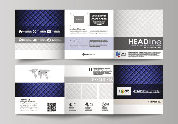 一套业务模板的三折方形设计手册。传单封面，抽象矢量布局。光泽的面料，波纹的纹理，白色和蓝色的丝绸，五颜六色的复古风格背景图片下载