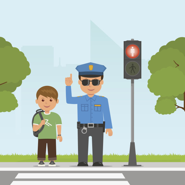 警察向学生讲解交通规则。人行交通灯。十字路口的交通素材图片