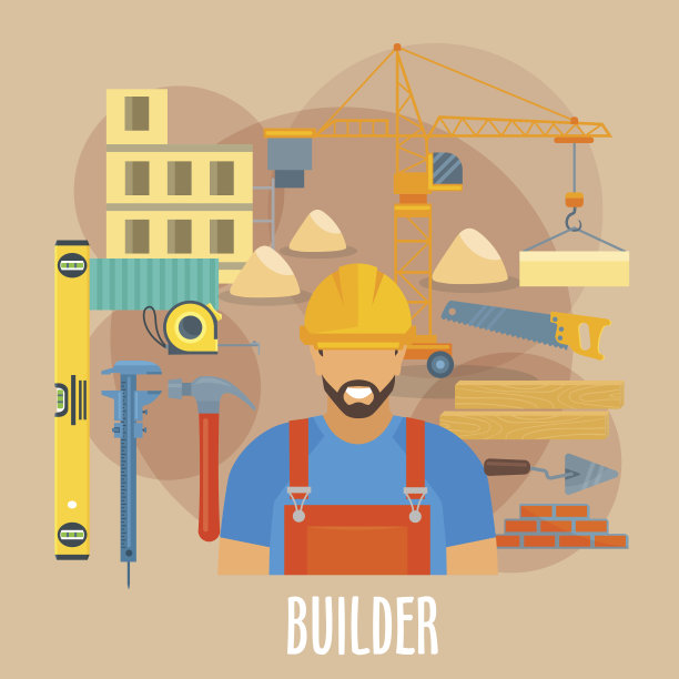 建筑工人与建筑工作工具海报图片下载