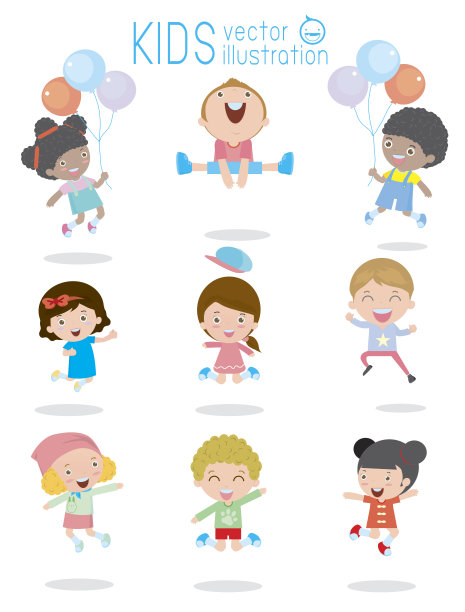 跳跃儿童，多民族跳跃儿童。图片下载