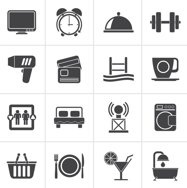 黑色酒店和汽车旅馆设施图标图片下载