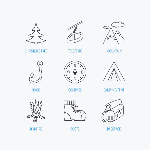 山，钓鱼钩和登山靴的图标。图片下载