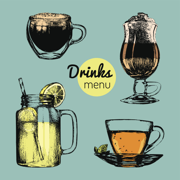 手绘柠檬水，咖啡，茶的咖啡馆菜单插图。软饮料的眼镜。非酒精饮料矢量集。素材图片