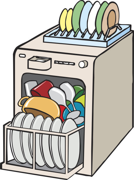 卡通的开放式洗碗机与干净的盘子图片下载