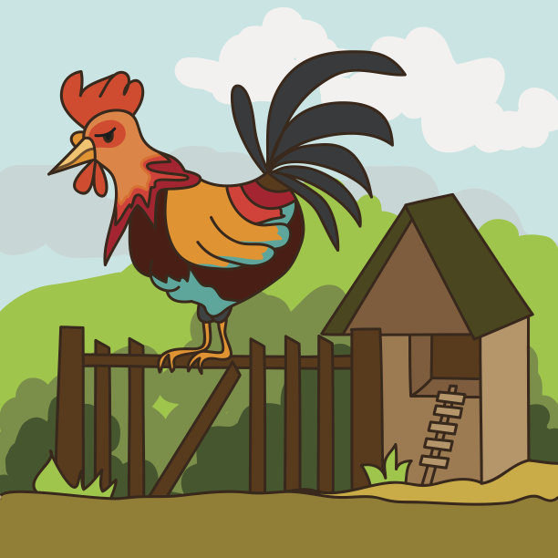 彩色公鸡坐在篱笆上图片下载