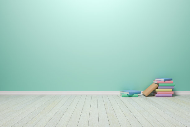室内颜色柔和的房间，木地板和书，用于展示您的产品。- 3D渲染图像。图片下载