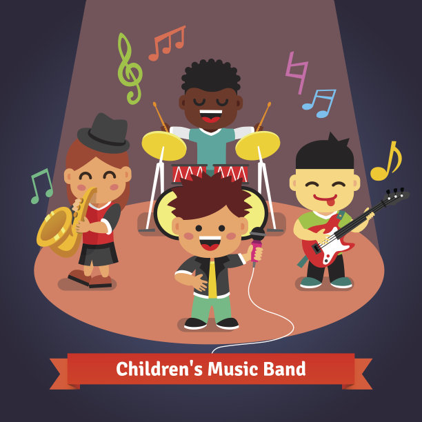 儿童乐队在舞台上演奏和演唱图片下载