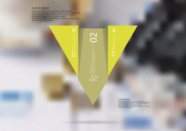 插图信息图形模板与主题三角形垂直分为三个移动的红色节与简单的符号，数字和样本文本。模糊的照片用作背景。图片下载