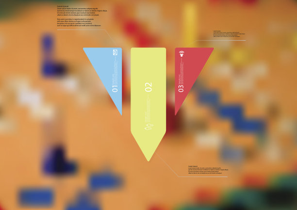 插图信息图形模板与三角形主题垂直分为三个独立的颜色部分与简单的符号，数字和样本文本。模糊的照片用作背景。图片下载