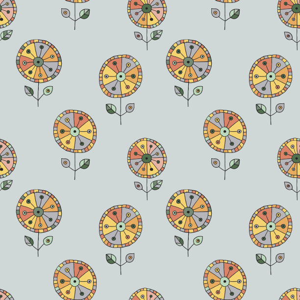 无缝矢量手绘涂鸦童心花卉图案。背景有幼稚的花、叶。装饰可爱的图形线条画插图。打印包装，背景，织物，装饰图片下载