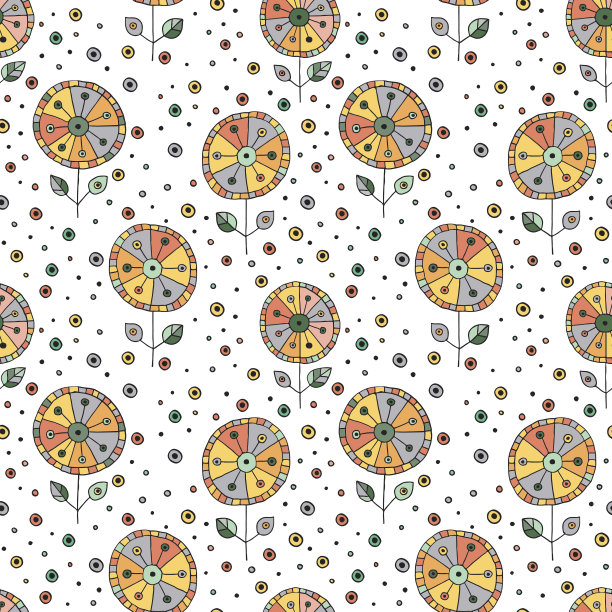 无缝矢量手绘涂鸦童心花卉图案。背景有幼稚的花、叶。装饰可爱的图形线条画插图。打印包装，背景，织物，装饰图片下载