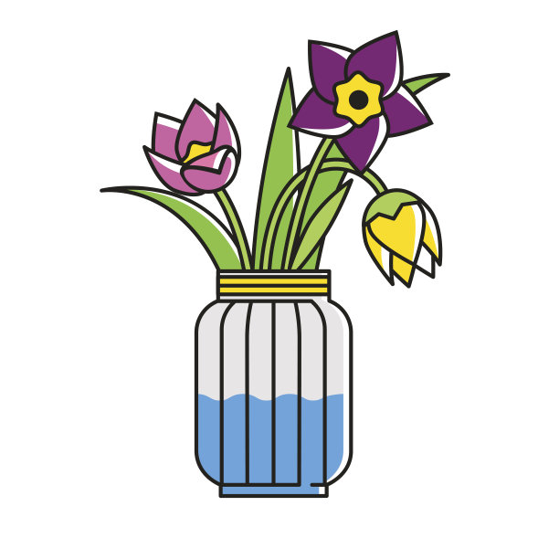 玻璃瓶里的花。水仙，郁金香，普罗旺斯风格的花束。舒适的家的象征。图片下载