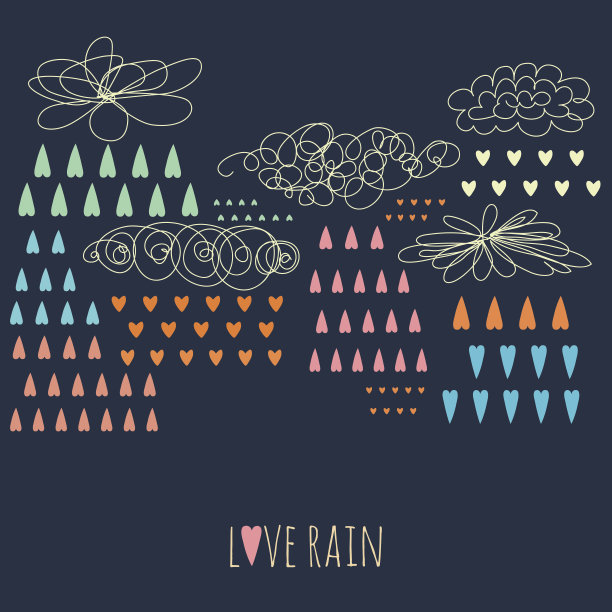 涂鸦雨的背景与彩色的心形雨滴图片下载