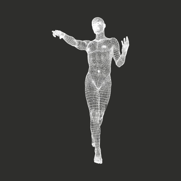 手指的男人，3D的男人模型。几何设计。矢量插图。人体电线模型。图片下载