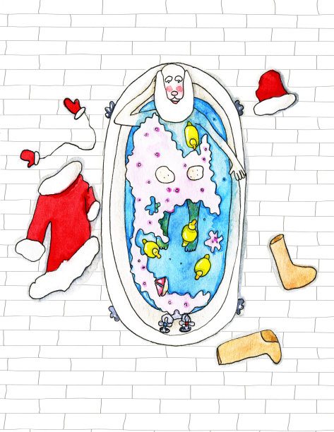 圣诞老人躺在浴缸里——水彩插画图片下载