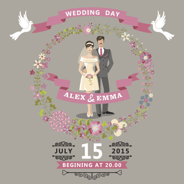 可爱的婚礼请柬，新娘，新郎，花圈图片下载