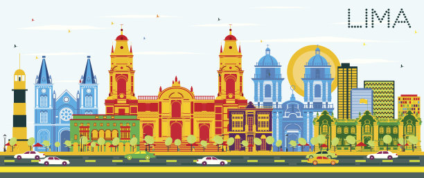 彩色建筑和蓝天的利马天际线。图片下载