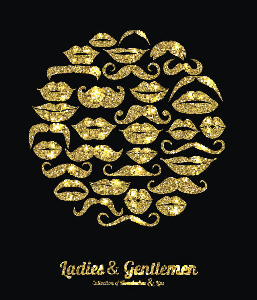 金色的嘴唇和小胡子。设计闪光图标元素。图片下载