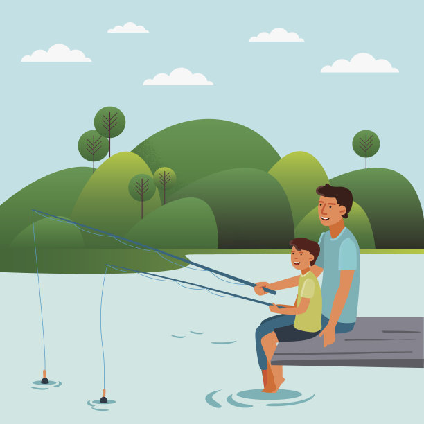 快乐的父子在湖边钓鱼图片下载