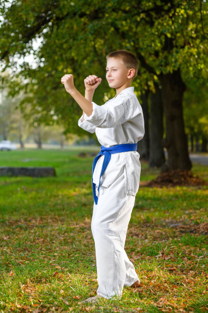 小男孩在训练中穿着白色和服练习空手道图片下载