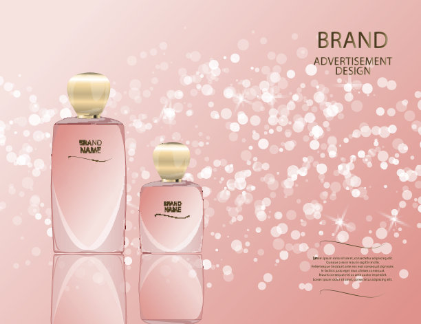 迷人的香水玻璃瓶上闪闪发光的效果背景。模型三维逼真的矢量插图的设计图片下载