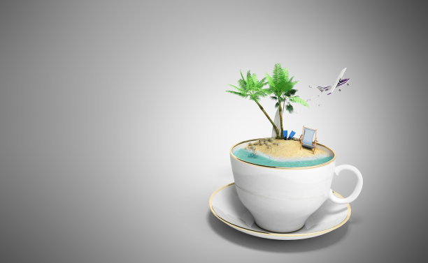 岛在一杯咖啡旅行的概念3d渲染在蓝色图片下载