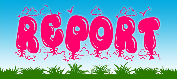 以粉红色气球为蓝蓝的天空和绿草为背景的报告。图片下载