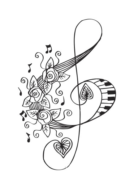 带玫瑰的高音谱号。粗略的风格。图片下载