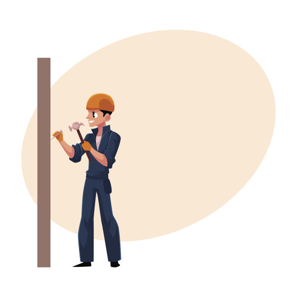 工人，建筑工人戴着头盔，穿着工装裤往墙上钉钉子图片下载