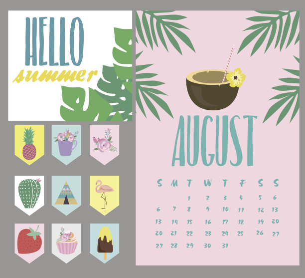 夏季日历为8月和一套标签图片下载