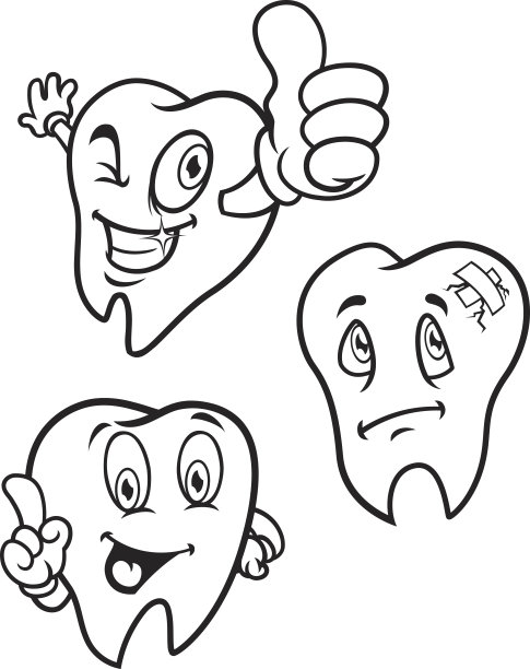 卡通牙齿具有各种表情的线条艺术图片下载