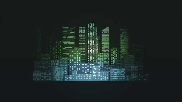 霓虹插图与城市建筑和摩天大楼图片下载