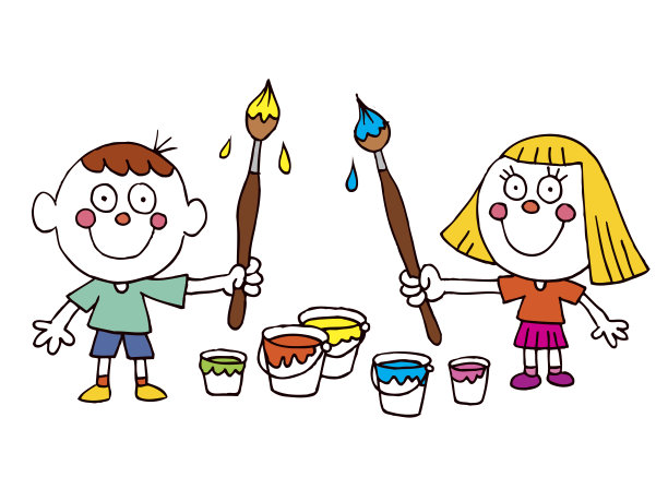 小男孩和小女孩拿着颜料和画笔图片下载