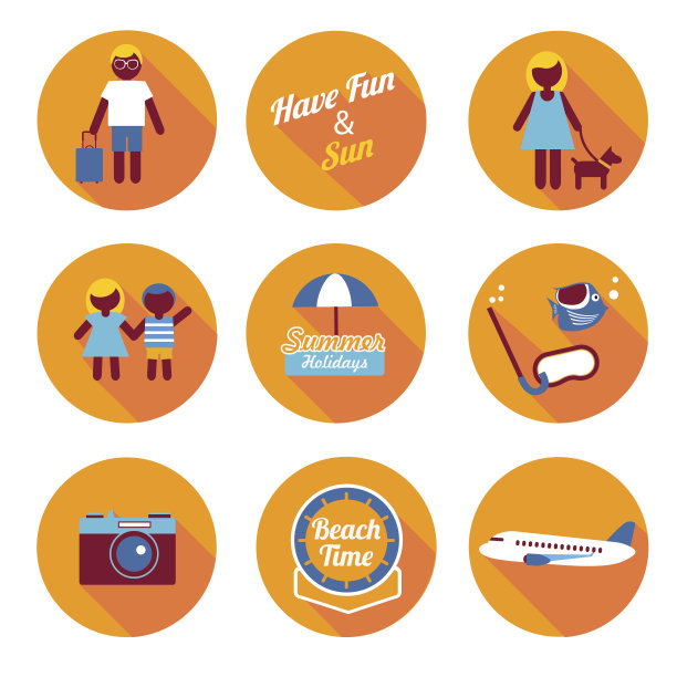 橙色矢量平面圆图标设置的家庭暑假图片下载