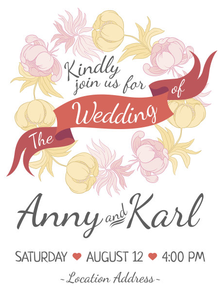 婚礼卡片与丝带和矢量花设计图片下载