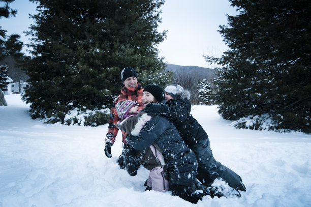 一家人在雪中玩耍。图片下载