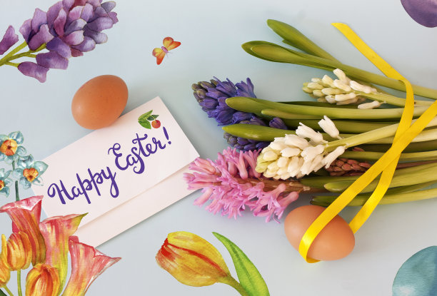 “复活节快乐”水彩花和蝴蝶拼贴画图片下载